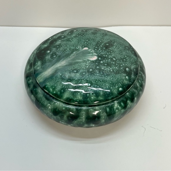 vintage 60s handmade trinket dish with lid green bubble glaze - Picture 3 of 8